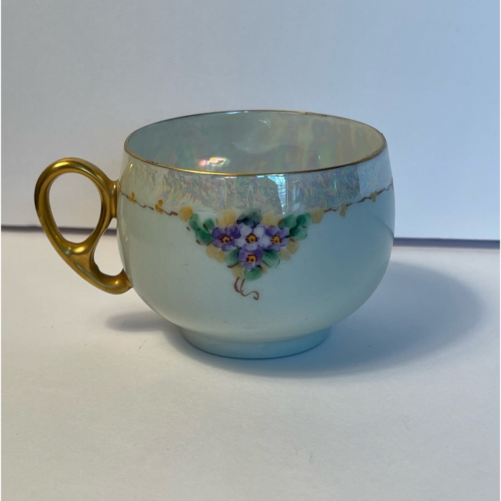Antique Hermann Ohme Opalescent Hand Painted Violets Tea Cup Germany 1900